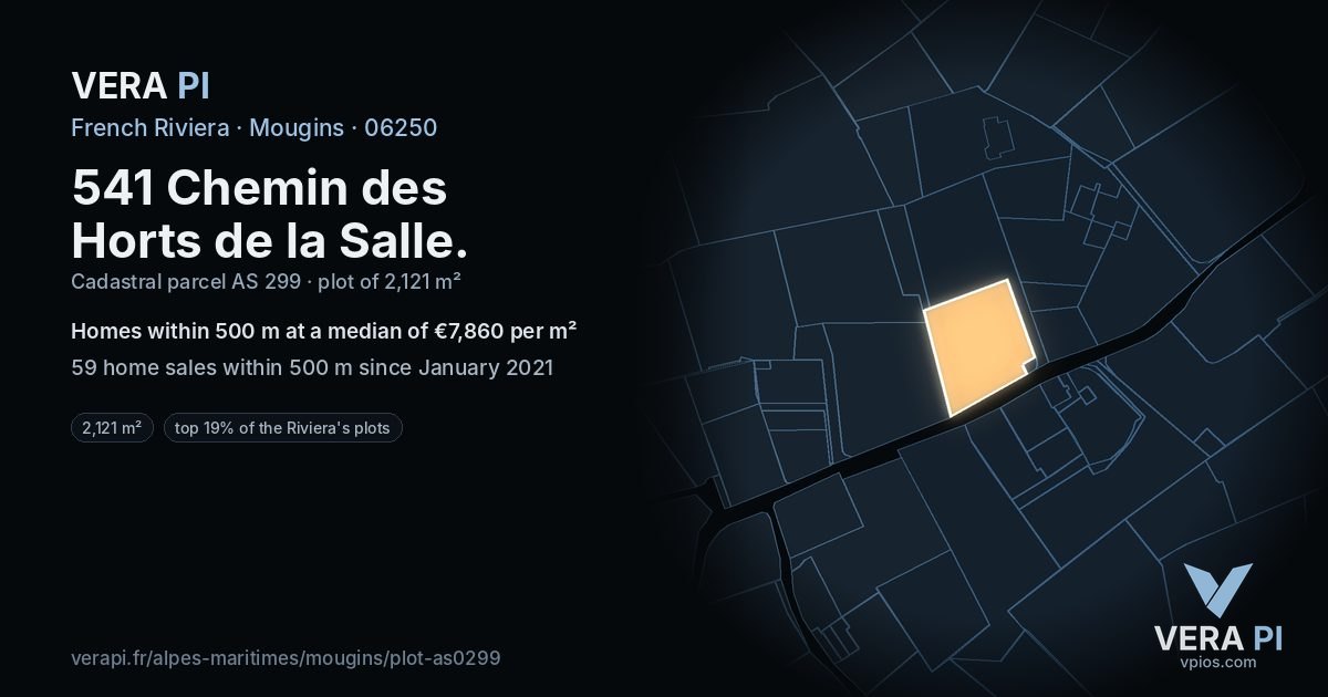 541 Chemin des Horts de la Salle, Mougins at night – the plot lit, the parcels around coloured by the prices near them