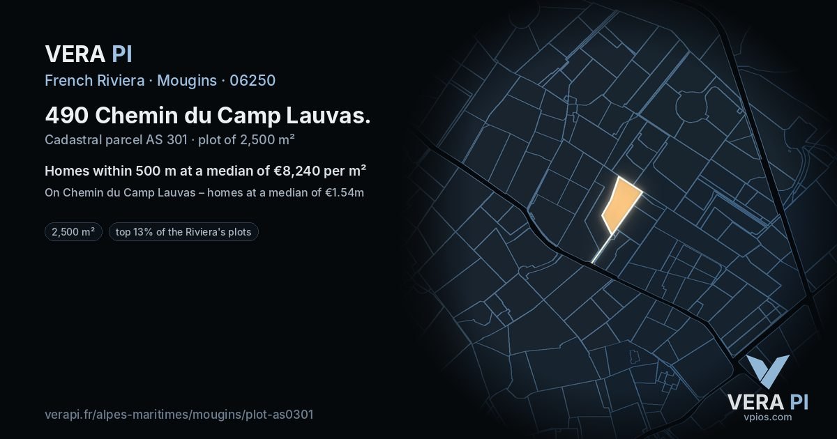 490 Chemin du Camp Lauvas, Mougins at night – the plot lit, the parcels around coloured by the prices near them