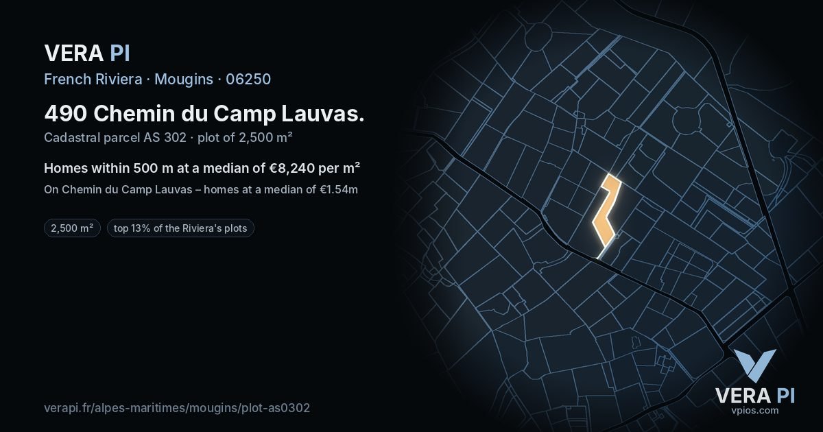 490 Chemin du Camp Lauvas, Mougins at night – the plot lit, the parcels around coloured by the prices near them