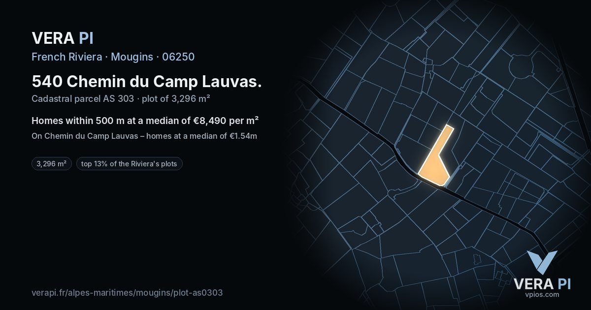 540 Chemin du Camp Lauvas, Mougins at night – the plot lit, the parcels around coloured by the prices near them