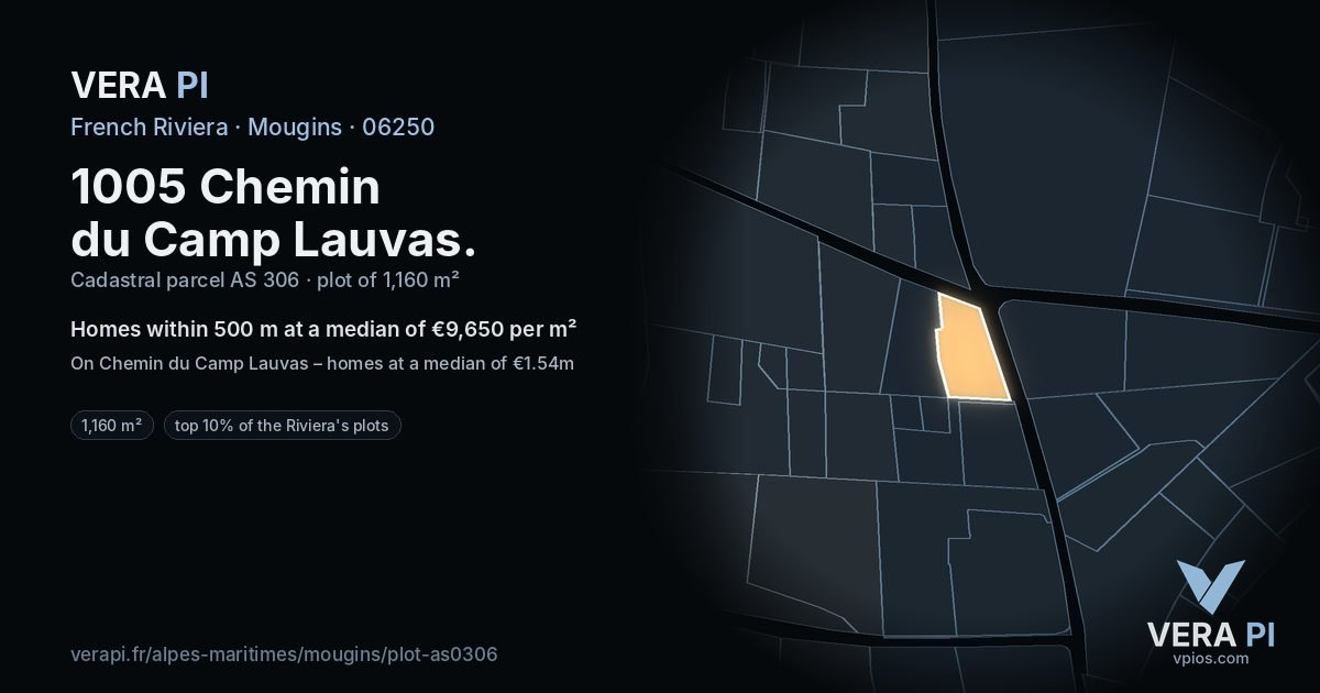 1005 Chemin du Camp Lauvas, Mougins at night – the plot lit, the parcels around coloured by the prices near them