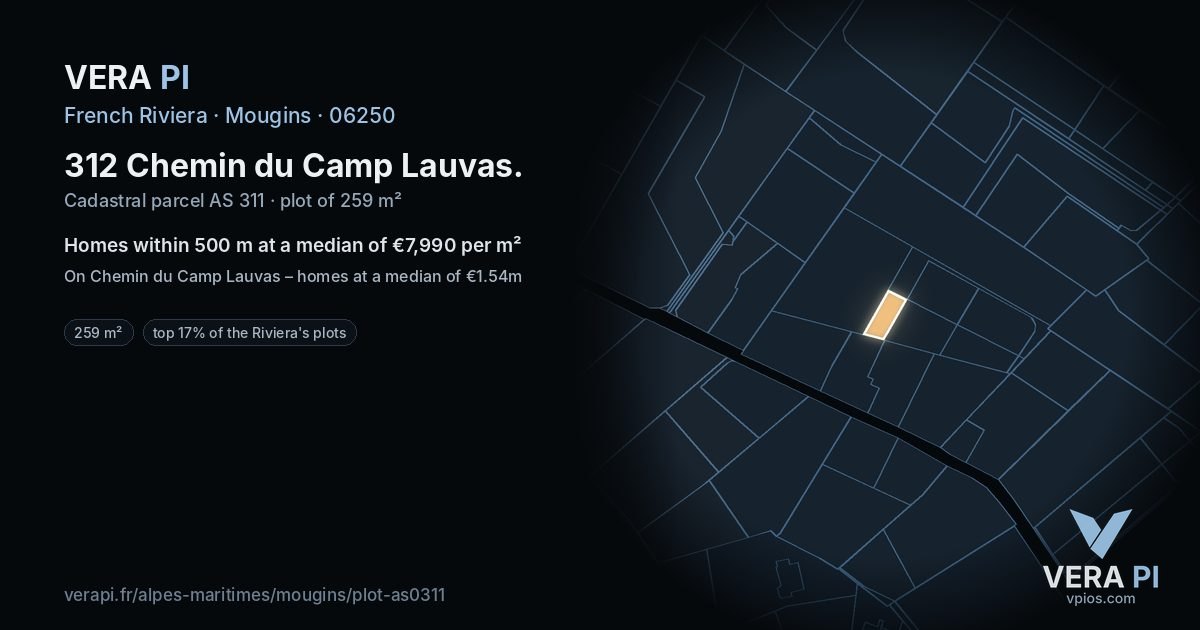312 Chemin du Camp Lauvas, Mougins at night – the plot lit, the parcels around coloured by the prices near them
