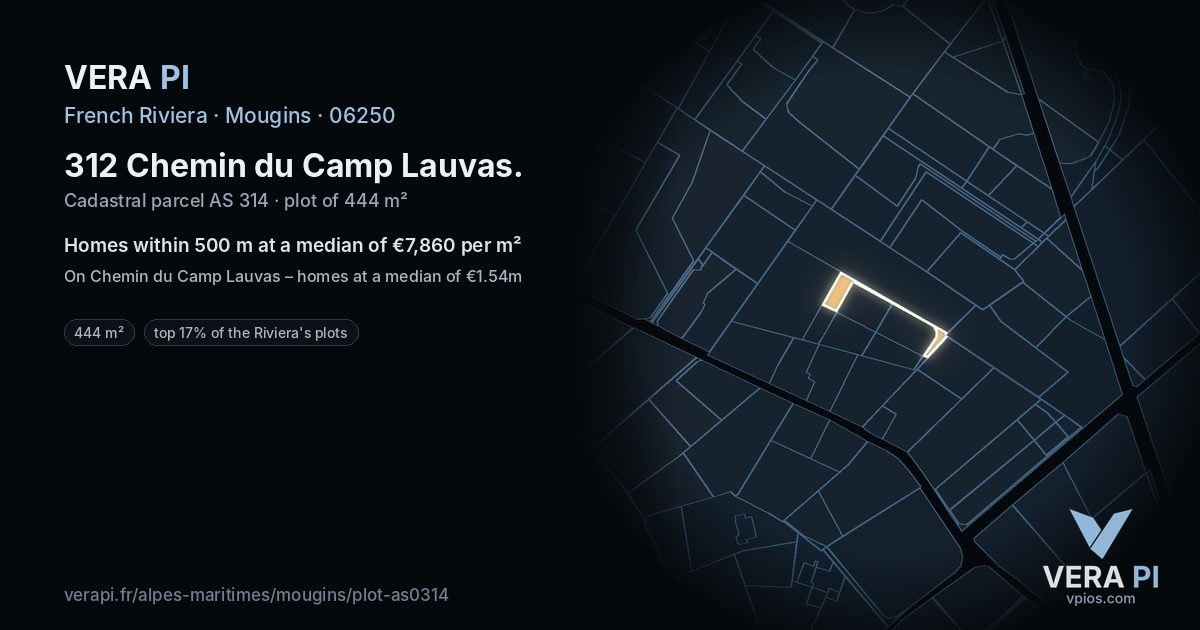 312 Chemin du Camp Lauvas, Mougins at night – the plot lit, the parcels around coloured by the prices near them