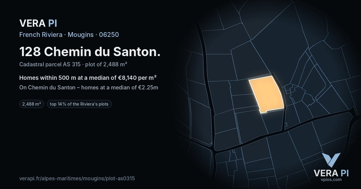 128 Chemin du Santon, Mougins at night – the plot lit, the parcels around coloured by the prices near them