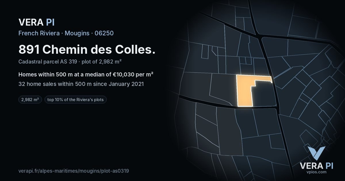 891 Chemin des Colles, Mougins at night – the plot lit, the parcels around coloured by the prices near them
