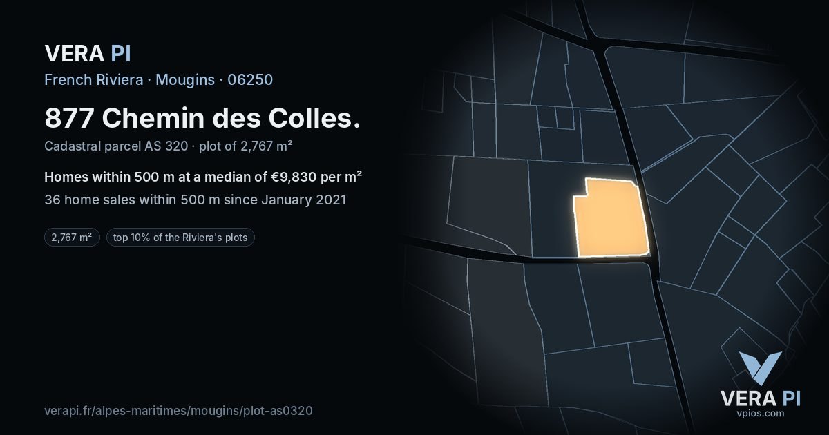 877 Chemin des Colles, Mougins at night – the plot lit, the parcels around coloured by the prices near them