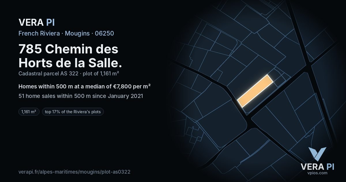 785 Chemin des Horts de la Salle, Mougins at night – the plot lit, the parcels around coloured by the prices near them