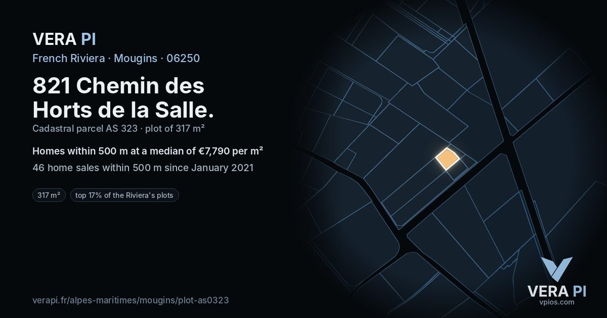 821 Chemin des Horts de la Salle, Mougins at night – the plot lit, the parcels around coloured by the prices near them