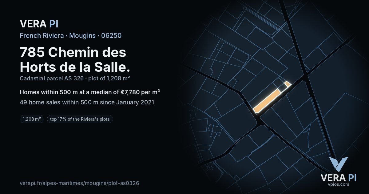 785 Chemin des Horts de la Salle, Mougins at night – the plot lit, the parcels around coloured by the prices near them