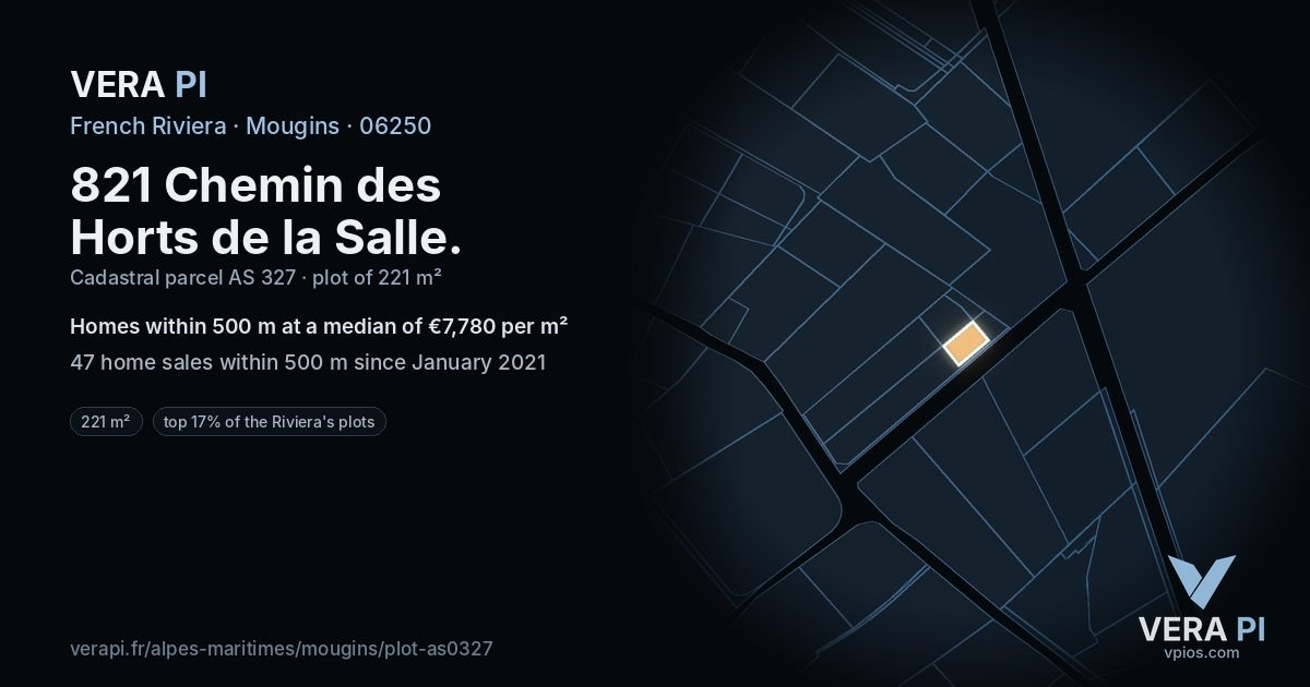 821 Chemin des Horts de la Salle, Mougins at night – the plot lit, the parcels around coloured by the prices near them