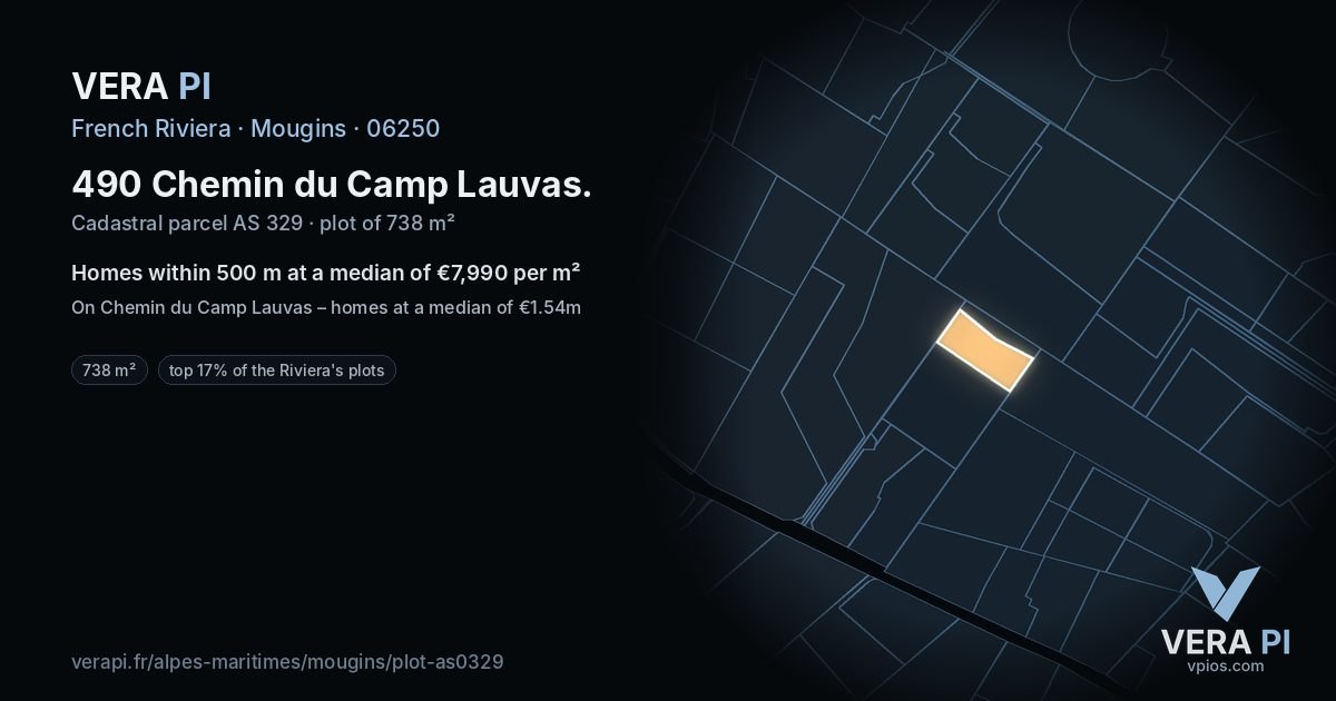 490 Chemin du Camp Lauvas, Mougins at night – the plot lit, the parcels around coloured by the prices near them