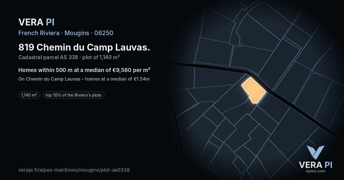 819 Chemin du Camp Lauvas, Mougins at night – the plot lit, the parcels around coloured by the prices near them