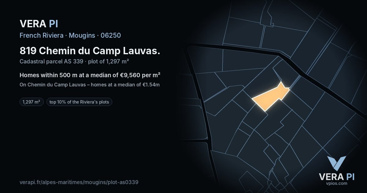 819 Chemin du Camp Lauvas, Mougins at night – the plot lit, the parcels around coloured by the prices near them