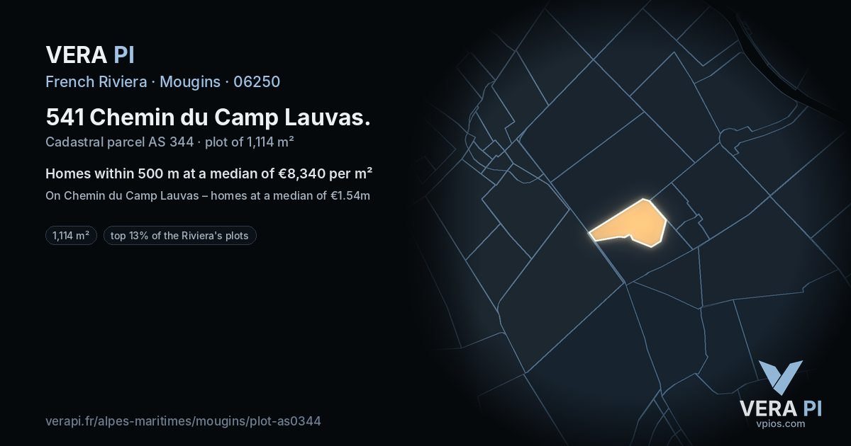 541 Chemin du Camp Lauvas, Mougins at night – the plot lit, the parcels around coloured by the prices near them