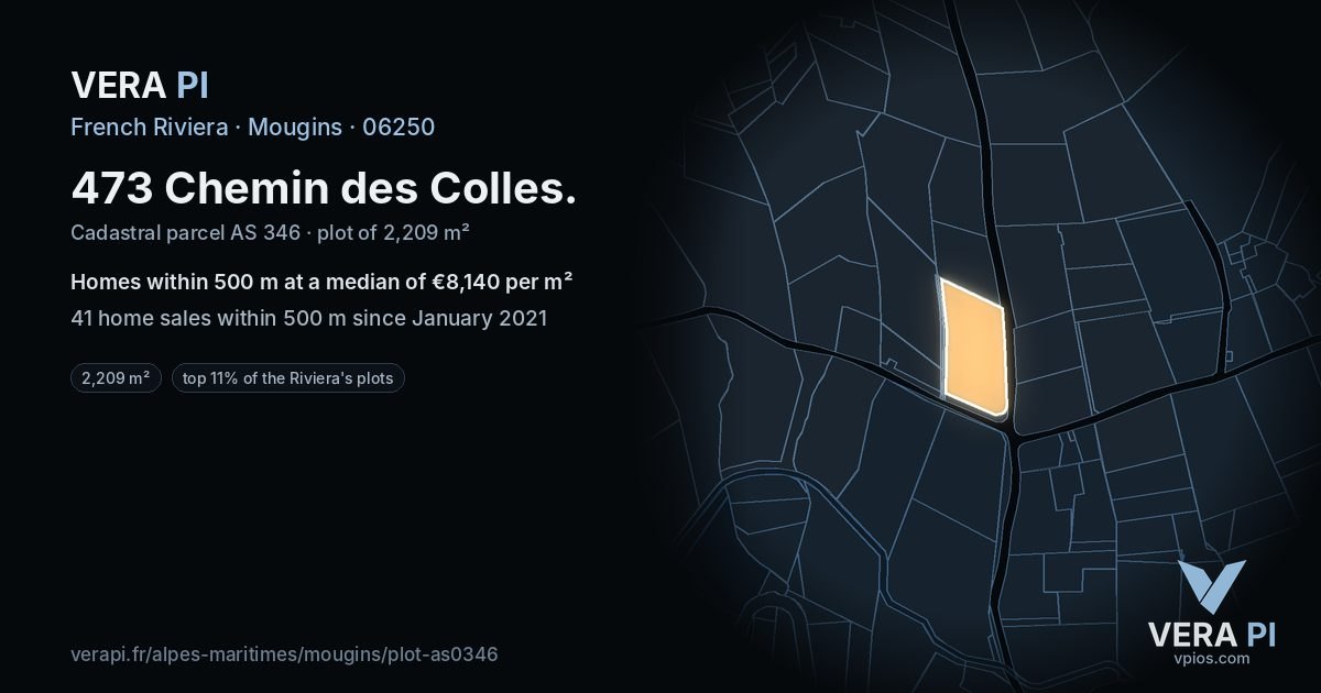 473 Chemin des Colles, Mougins at night – the plot lit, the parcels around coloured by the prices near them