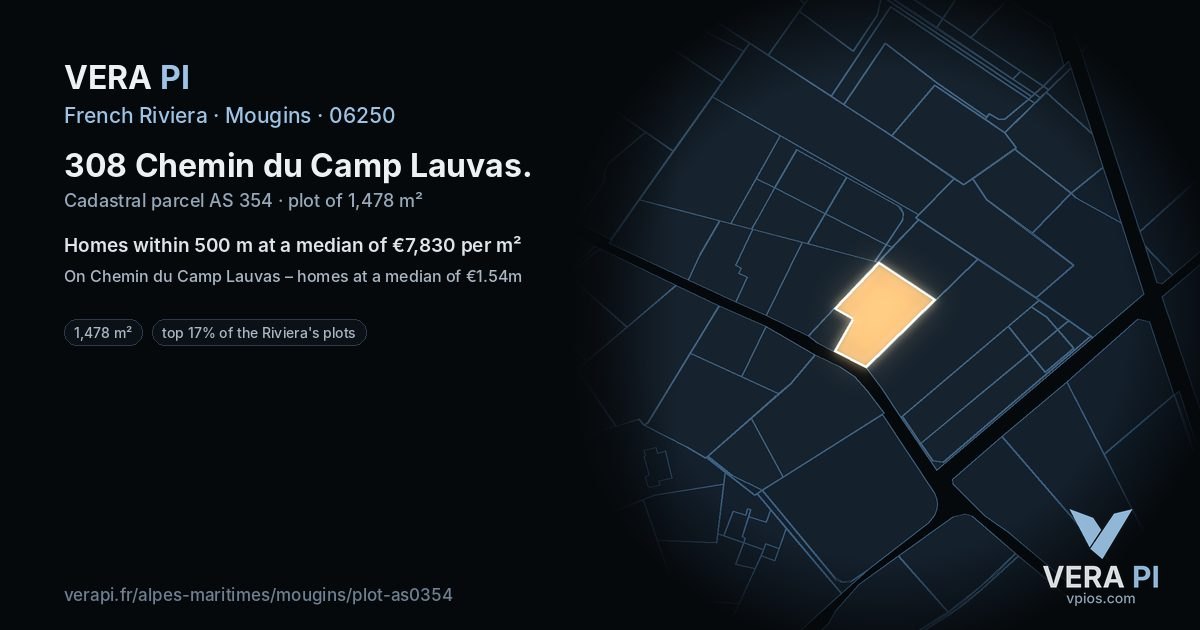 308 Chemin du Camp Lauvas, Mougins at night – the plot lit, the parcels around coloured by the prices near them