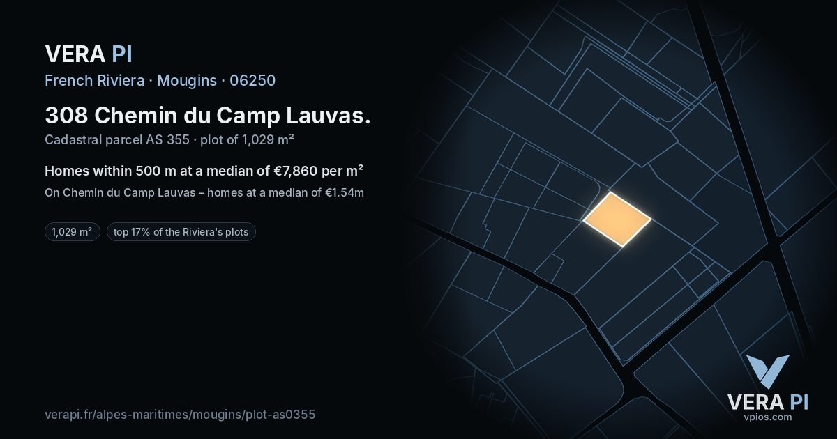 308 Chemin du Camp Lauvas, Mougins at night – the plot lit, the parcels around coloured by the prices near them