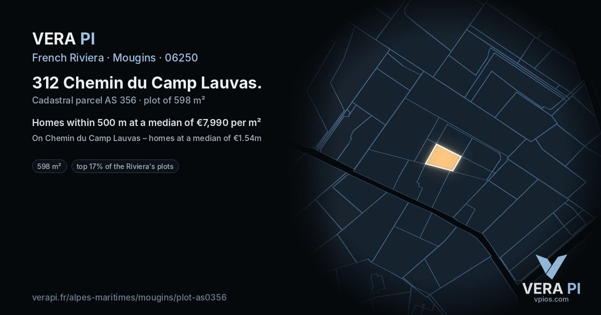 312 Chemin du Camp Lauvas, Mougins at night – the plot lit, the parcels around coloured by the prices near them