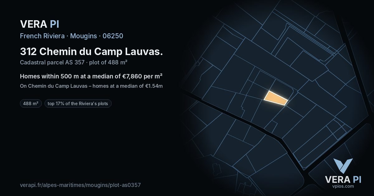 312 Chemin du Camp Lauvas, Mougins at night – the plot lit, the parcels around coloured by the prices near them