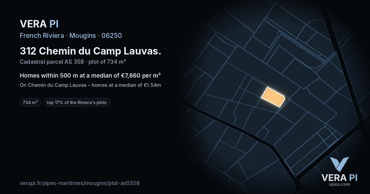 312 Chemin du Camp Lauvas, Mougins at night – the plot lit, the parcels around coloured by the prices near them