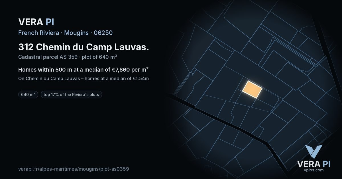 312 Chemin du Camp Lauvas, Mougins at night – the plot lit, the parcels around coloured by the prices near them