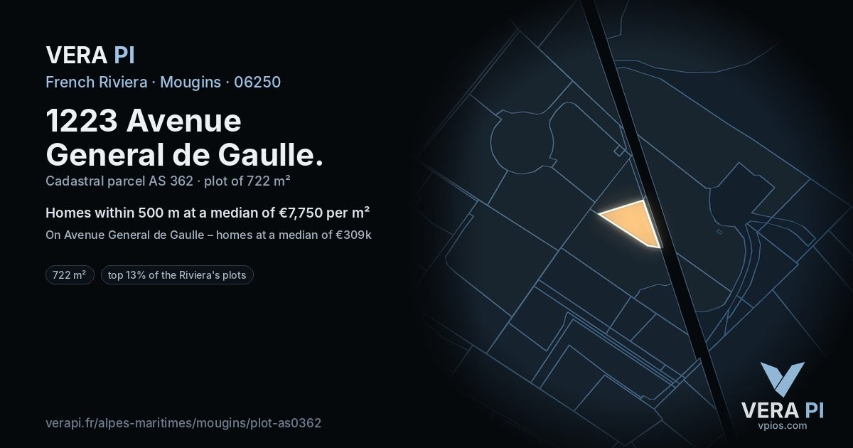1223 Avenue General de Gaulle, Mougins at night – the plot lit, the parcels around coloured by the prices near them