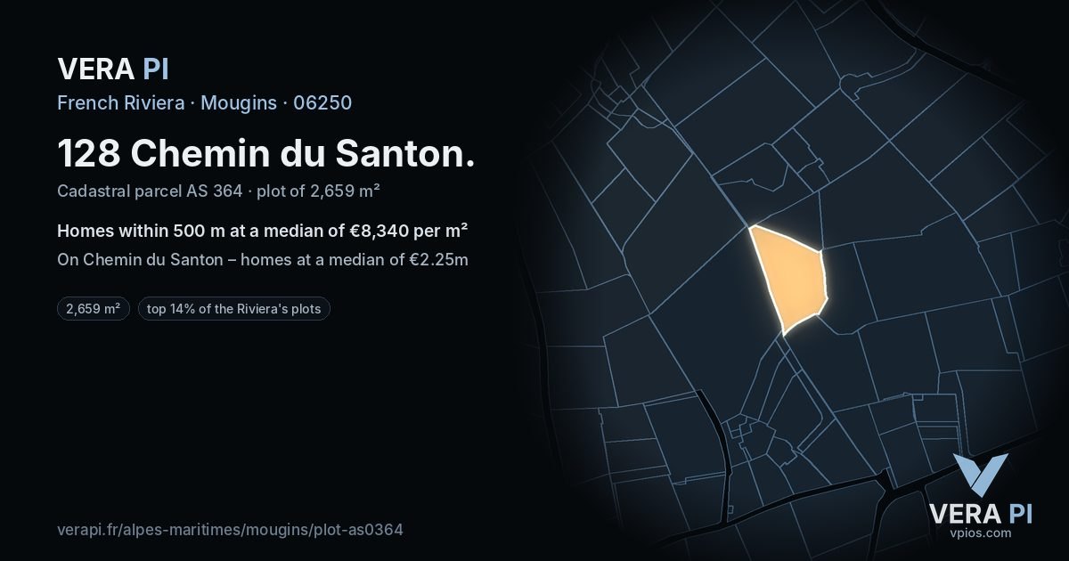 128 Chemin du Santon, Mougins at night – the plot lit, the parcels around coloured by the prices near them