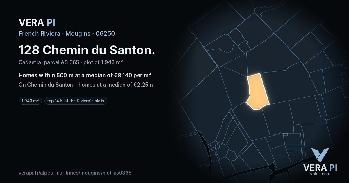128 Chemin du Santon, Mougins at night – the plot lit, the parcels around coloured by the prices near them