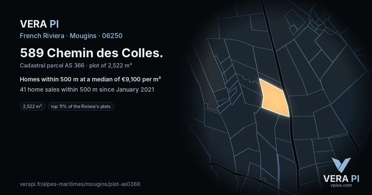 589 Chemin des Colles, Mougins at night – the plot lit, the parcels around coloured by the prices near them