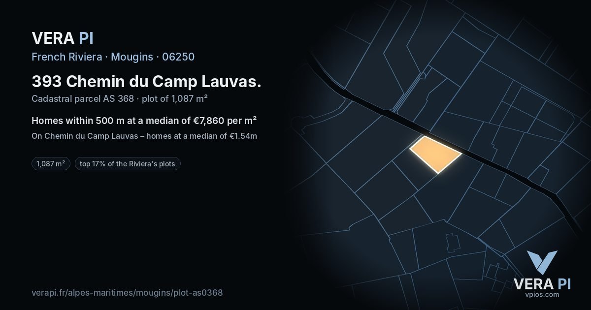 393 Chemin du Camp Lauvas, Mougins at night – the plot lit, the parcels around coloured by the prices near them