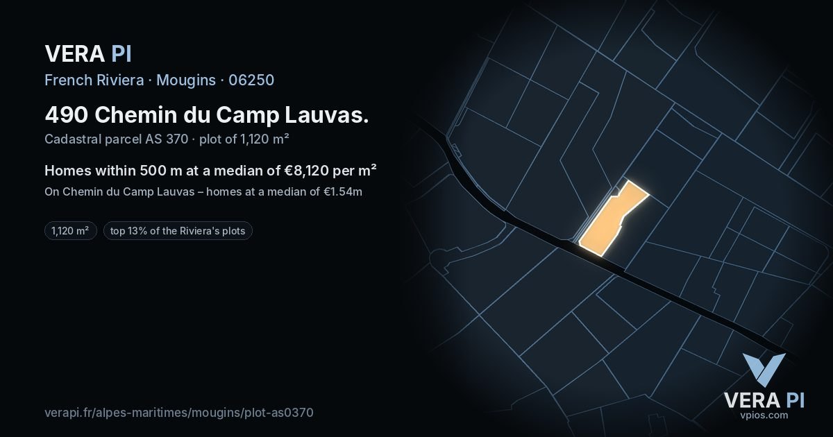 490 Chemin du Camp Lauvas, Mougins at night – the plot lit, the parcels around coloured by the prices near them