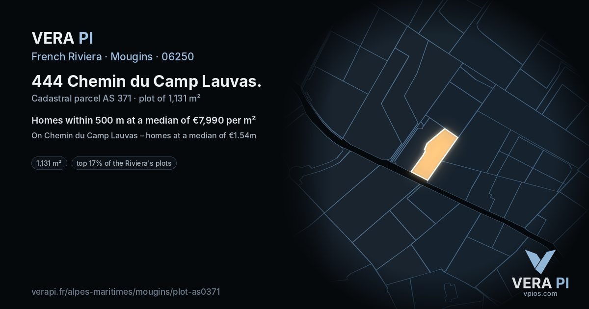 444 Chemin du Camp Lauvas, Mougins at night – the plot lit, the parcels around coloured by the prices near them