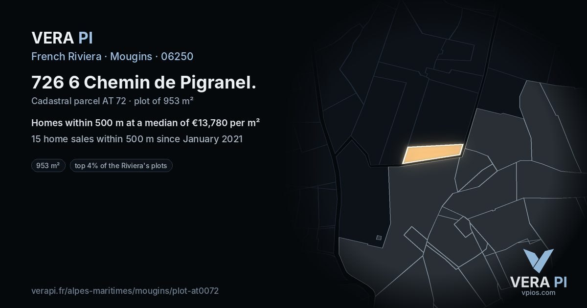726 6 Chemin de Pigranel, Mougins at night – the plot lit, the parcels around coloured by the prices near them