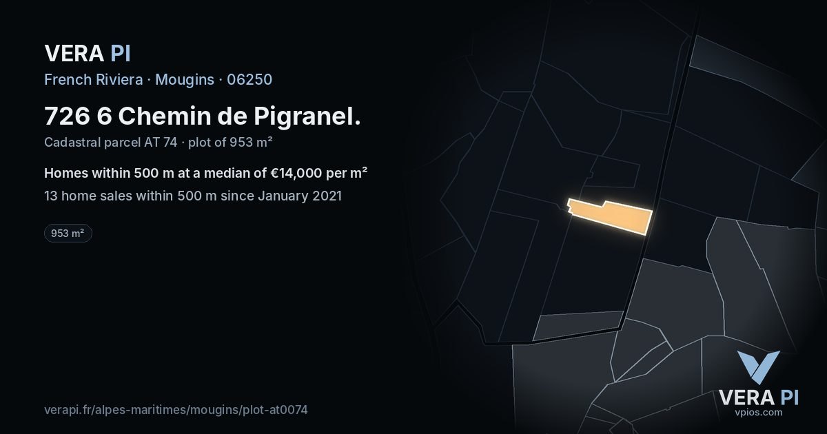 726 6 Chemin de Pigranel, Mougins at night – the plot lit, the parcels around coloured by the prices near them