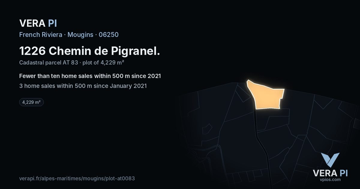 1226 Chemin de Pigranel, Mougins at night – the plot lit, the parcels around coloured by the prices near them