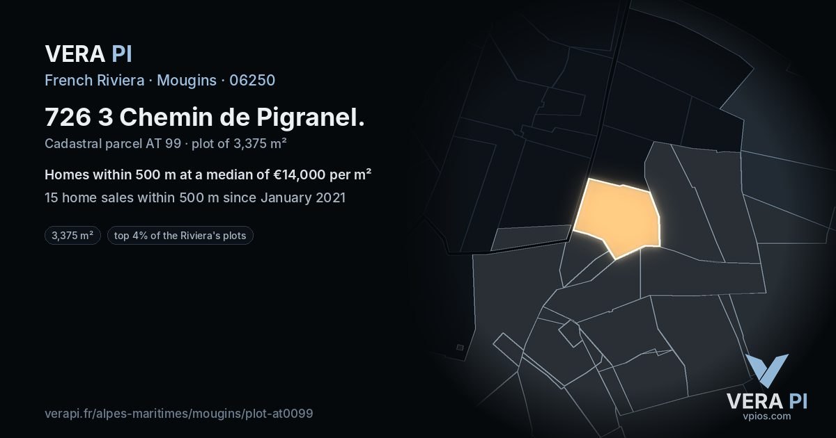726 3 Chemin de Pigranel, Mougins at night – the plot lit, the parcels around coloured by the prices near them
