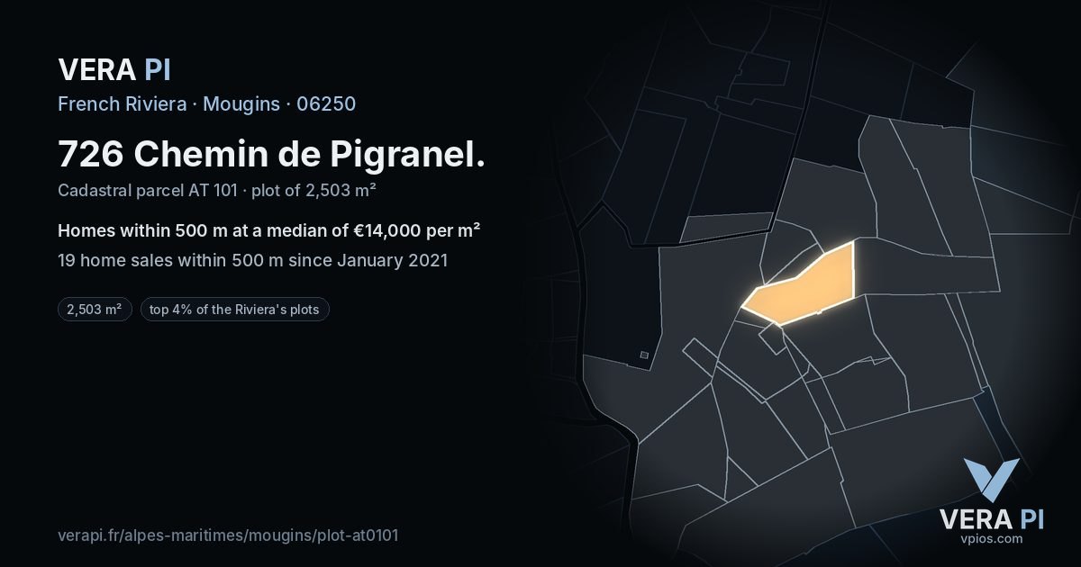 726 Chemin de Pigranel, Mougins at night – the plot lit, the parcels around coloured by the prices near them