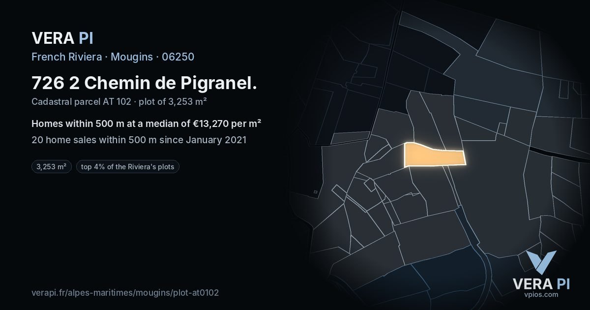 726 2 Chemin de Pigranel, Mougins at night – the plot lit, the parcels around coloured by the prices near them