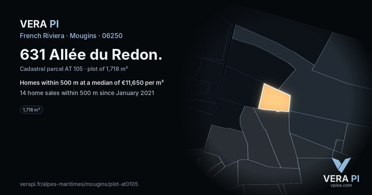 631 Allée du Redon, Mougins at night – the plot lit, the parcels around coloured by the prices near them