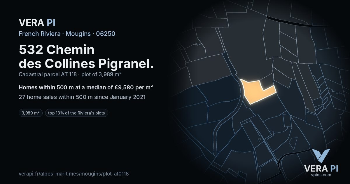 532 Chemin des Collines Pigranel, Mougins at night – the plot lit, the parcels around coloured by the prices near them