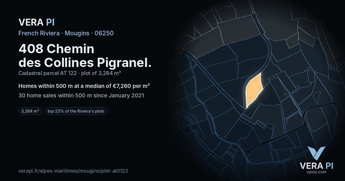 408 Chemin des Collines Pigranel, Mougins at night – the plot lit, the parcels around coloured by the prices near them
