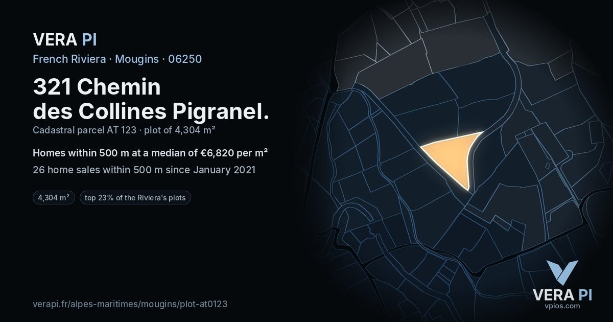 321 Chemin des Collines Pigranel, Mougins at night – the plot lit, the parcels around coloured by the prices near them
