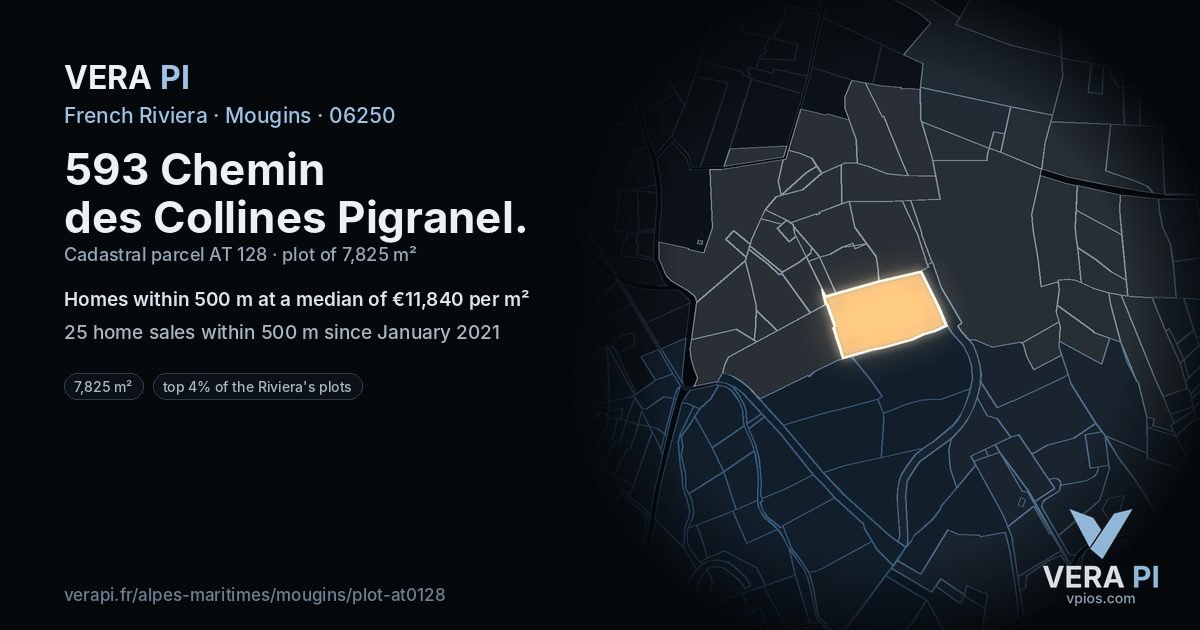 593 Chemin des Collines Pigranel, Mougins at night – the plot lit, the parcels around coloured by the prices near them