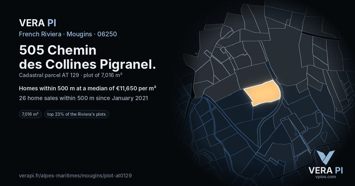 505 Chemin des Collines Pigranel, Mougins at night – the plot lit, the parcels around coloured by the prices near them