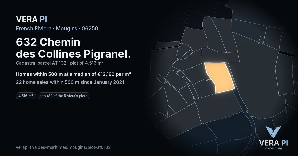632 Chemin des Collines Pigranel, Mougins at night – the plot lit, the parcels around coloured by the prices near them