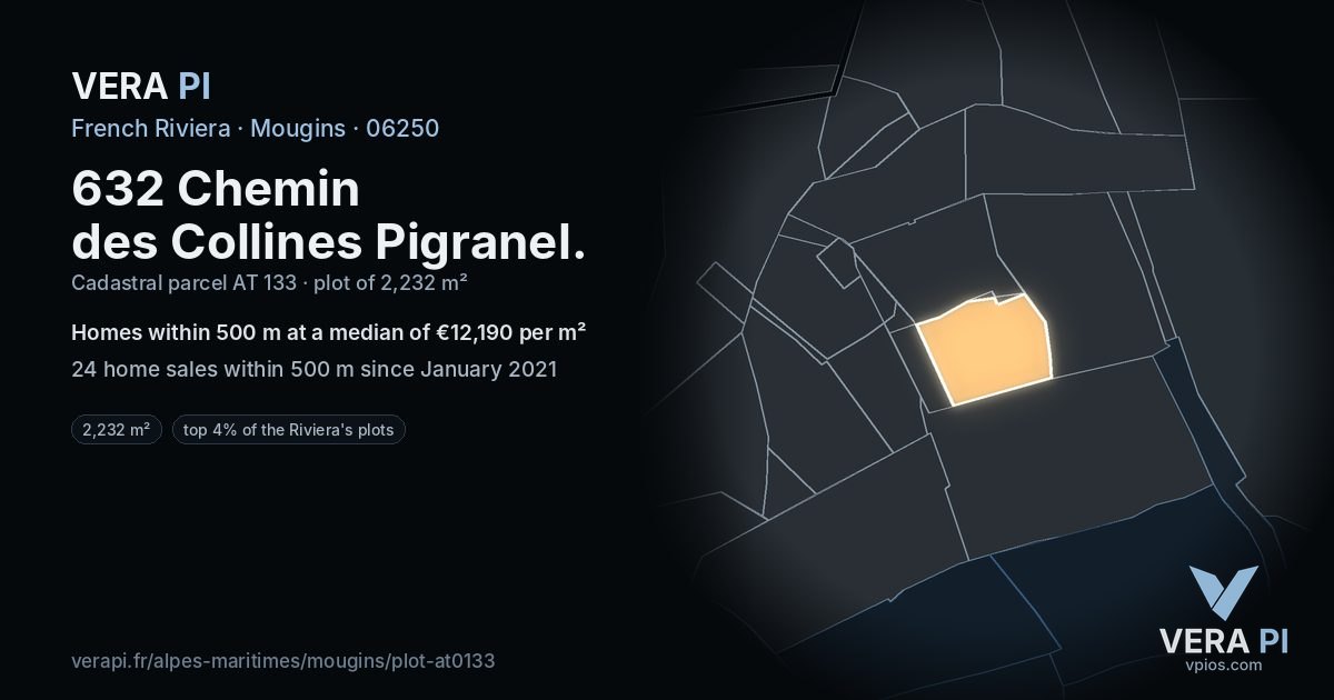 632 Chemin des Collines Pigranel, Mougins at night – the plot lit, the parcels around coloured by the prices near them