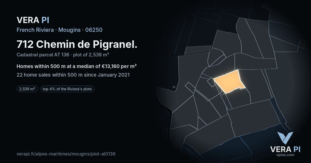 712 Chemin de Pigranel, Mougins at night – the plot lit, the parcels around coloured by the prices near them