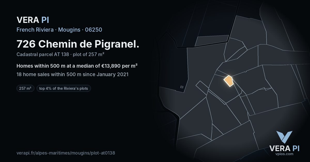 726 Chemin de Pigranel, Mougins at night – the plot lit, the parcels around coloured by the prices near them