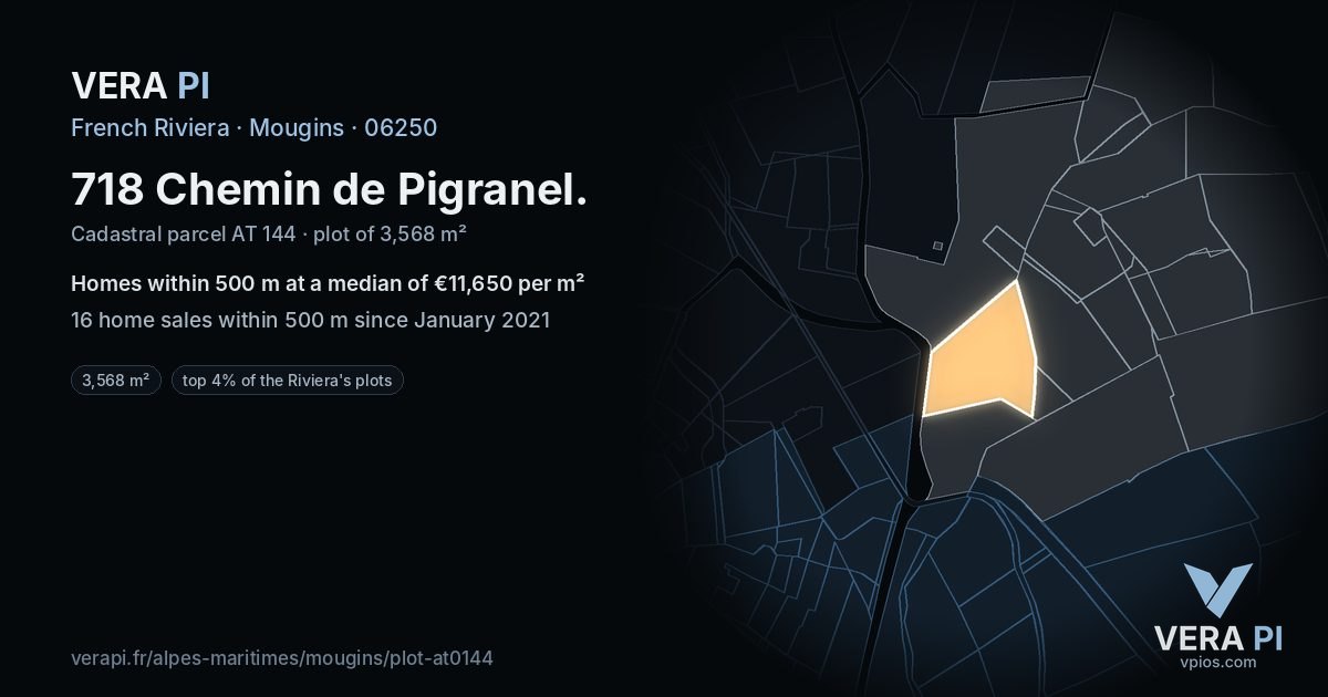718 Chemin de Pigranel, Mougins at night – the plot lit, the parcels around coloured by the prices near them