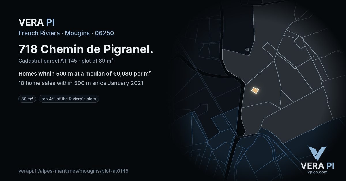 718 Chemin de Pigranel, Mougins at night – the plot lit, the parcels around coloured by the prices near them